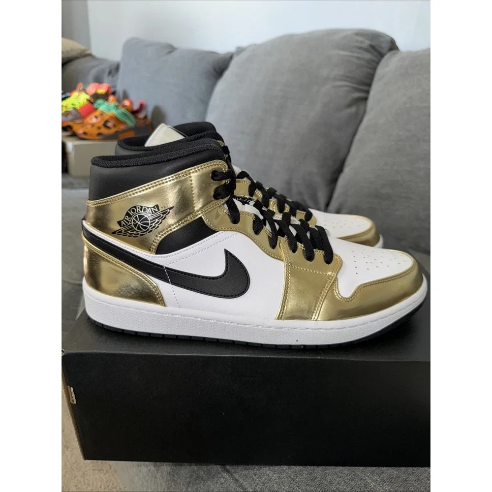 Nike Air Jordan 1 Mid SE‎ Metallic Gold DC1419-700 Black White Men's Sz 12 New